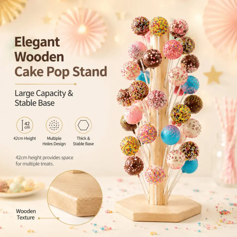 Wooden cake lollipop stand, reusable lollipop holder, hexagonal base, easy to assemble, suitable for parties, weddings and birthday dessert displays.