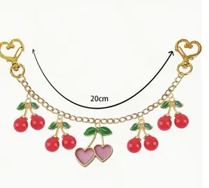 Red Cherry and Pink Heart Bag Chain - Cute Bag Charms, Keychains & Gold Tone Chain with Heart Closures for Handbag Handles Accessory