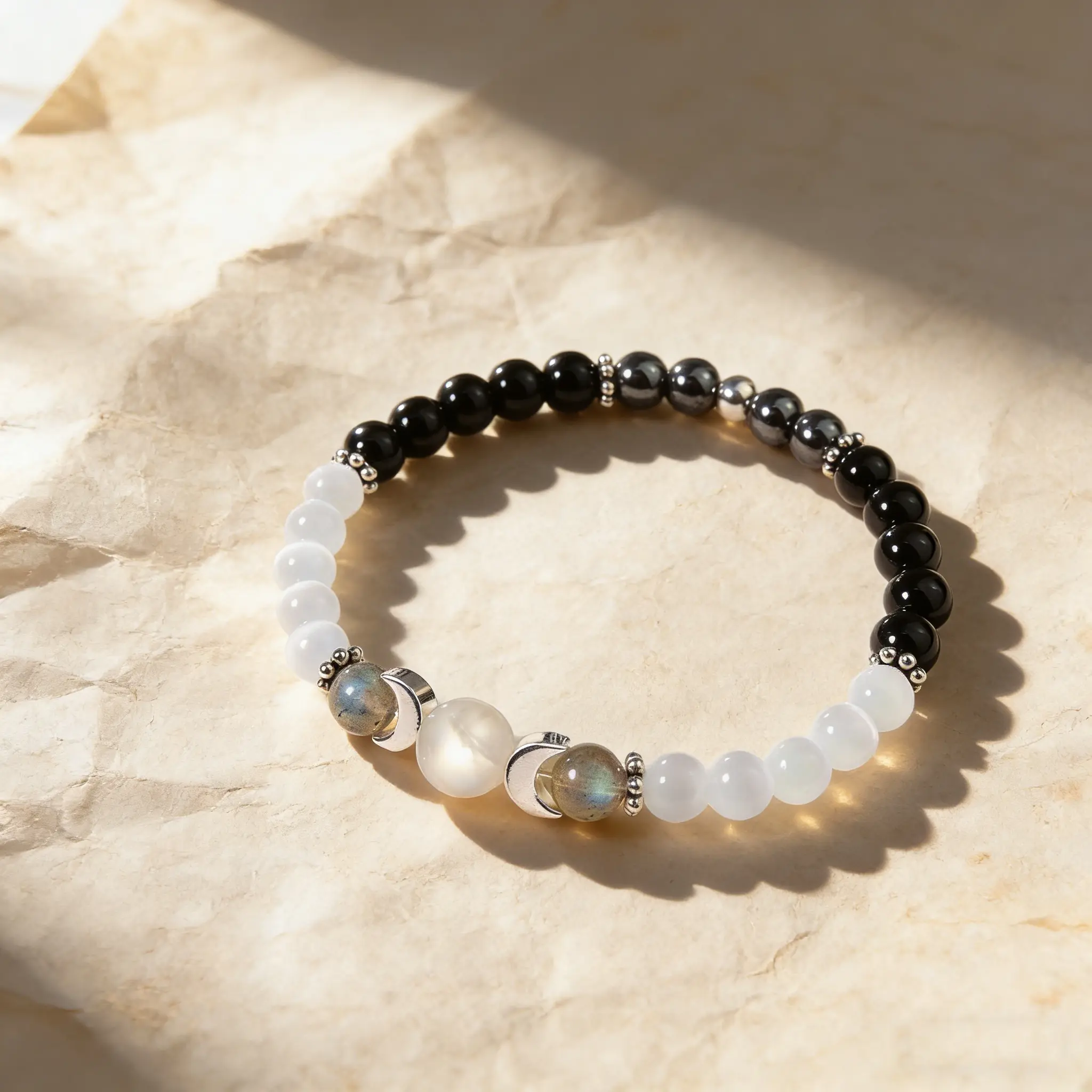Natural Crystal Bracelet with Labradorite, Selenite, Black Tourmaline & Moon Phase Charm - Rainbow Moonstone Beaded Healing Energy Jewelry, Gift for Her, Selenite Natural Crystal Bracelets & Anklets