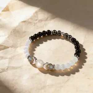 Natural Labradorite & selenite Black Tourmaline Bracelet Moon Phase Charm Crystal Beaded Healing Energy Bracelet, Gift for Her Rainbow Moonstone