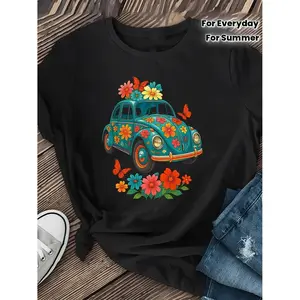 Vintage Women's Turquoise Floral Short Sleeve T-Shirt Comfortable Breathable Casual Blouse Perfect for Daily and Party Wear