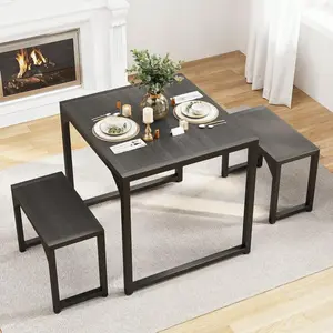 Dining Table Set With Steel Frame, Kitchen Table Set For 2, Dinner Set With 2 Benches For Small Space, Space Saving Dining Room Table Set For Restaurant, Kitchen, Living Room