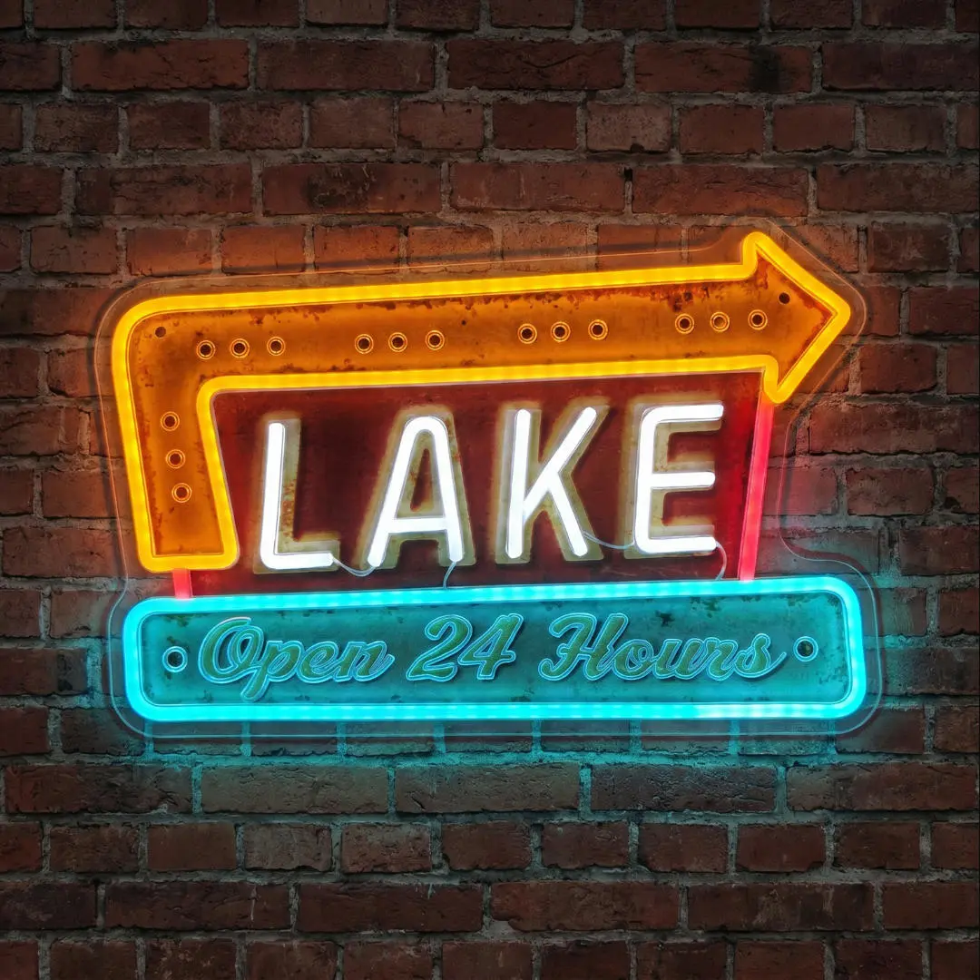 Vintage Retro "LAKE" Neon Sign - USB-Powered LED Light with Arrow, Adjustable Brightness, Distressed Acrylic Wall Hanging Decoration for Cabins, Home Bar - Father's Day Gift - 15"x10"
