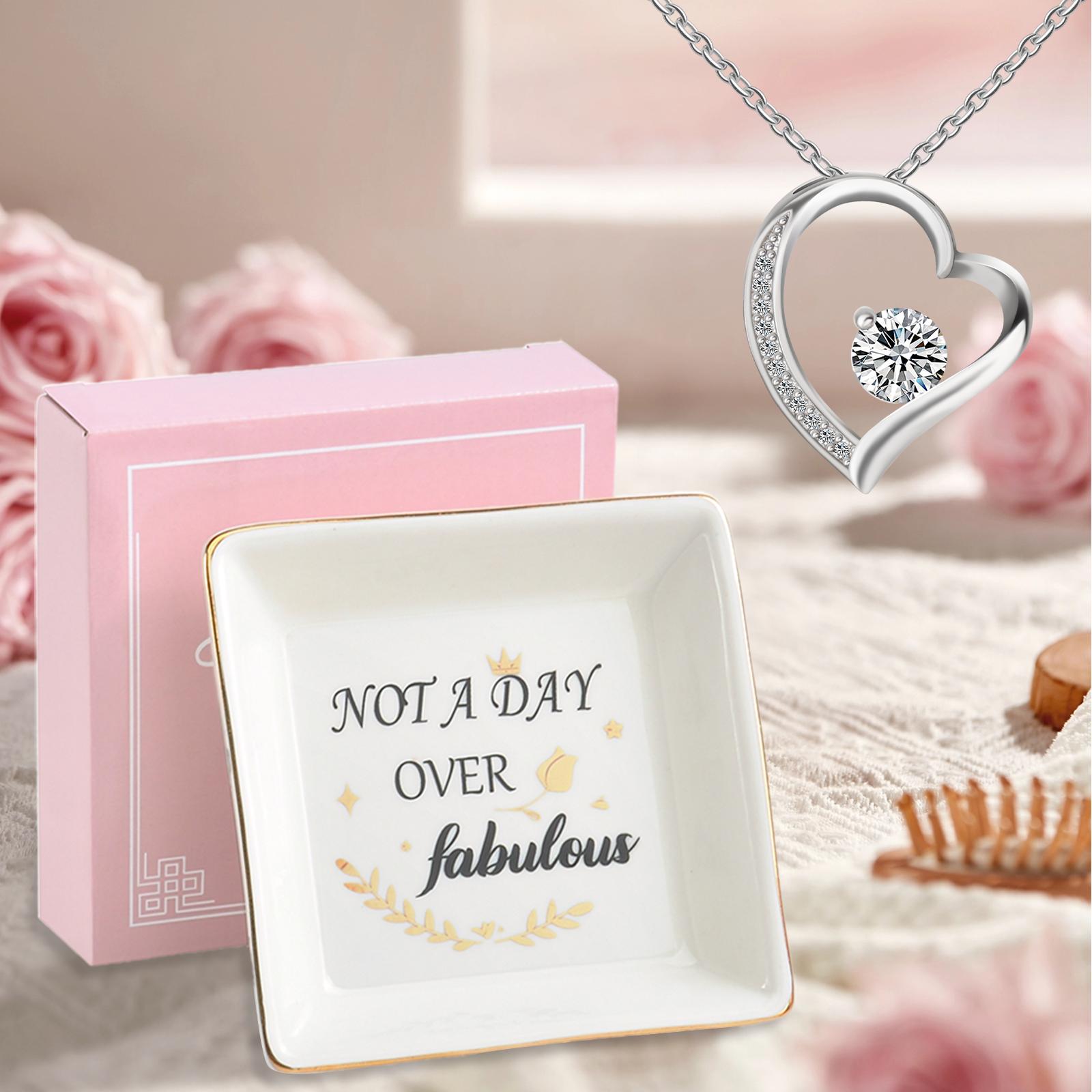 Not A Day Over Fabulous Jewelry Dish with Heart Pendant Necklace, Trinket Tray Gift Set for Women, Birthday Christmas Valentines Mothers Day Gifts for Her, Wife, Mom, Sister, Friend