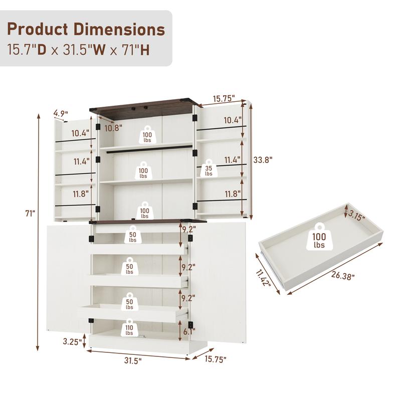 71" with 3 Pack Pull Out Drawers for Cabinets,Farmhouse Storage Cabinet with 6 Door Shelves,with Load-Bearing Steel Pipe,Pantry Organizers for Kitchen,Dining Room, White/brown
