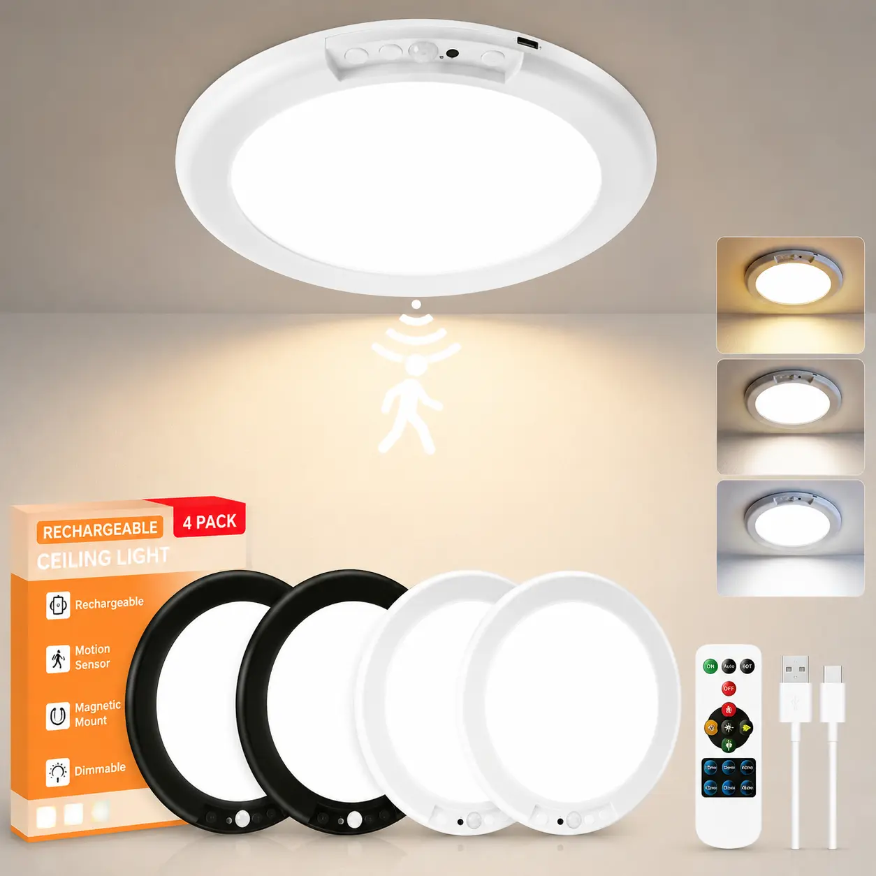 GIVRYES 4-Pack Rechargeable Magnetic Ceiling Light, Wireless Battery-Operated LED Ceiling Light with Remote, Motion Sensor, 3 Color Modes, for Shower, Closet, Hallway, Pantry, Garage