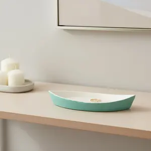 HomeRoots 634797 10 in. Aqua & White Cast Iron Oval Boat Shaped Tray