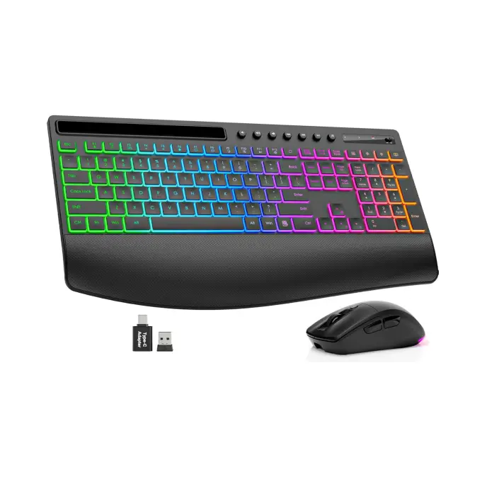 SABLUTE KM22 Ultra Wireless Keyboard Mouse Set, Full Size Rechargeable Backlit, 4000mAh Battery, Wrist Rest, Phone Holder, Quiet Typing, 2.4G USB-A/Type-C (Non-Bluetooth), Durable Keyboard, Set With Keyboard