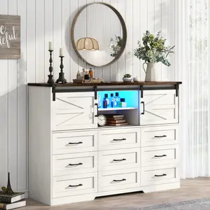 47"/63'' Farmhouse Dresser w/ Drawers, with Sliding Barn Doors,Led Lights, Adjust Shelves,Rustic Dresser TV Stand for 60in/70in TV for Bedroom, Living Room,White/Light Rustic Oak