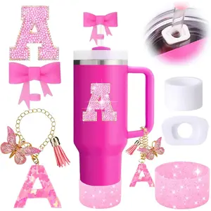 6PCS Pink Stanley Cup Accessories Set, Initials Decorations for Stanley Cup 30oz 40oz, Includes Bow Straw Topper, Handle Charm, Letter Sticker, Silicone Boot, Spill Proof Stopper (Letter A)