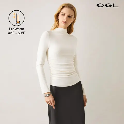 Women's OGL ProWarm Thermal Ruched-Sides Tuckable Mockneck Shirt - Elegant Minimalist ProWarm Knit, Casual Basic Shirts, Pro Women Clothing (41F-59F), tiktokshopstockup Teacher Bae Outfit