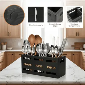 Wooden Silverware Caddy,Three-compartment Design/Minimalist style/Equipped with non-slip pads,Vintage-style wooden kitchen storage box-Suitable for kitchen countertop storage，Organizer for loose cutlery and essential storage items.