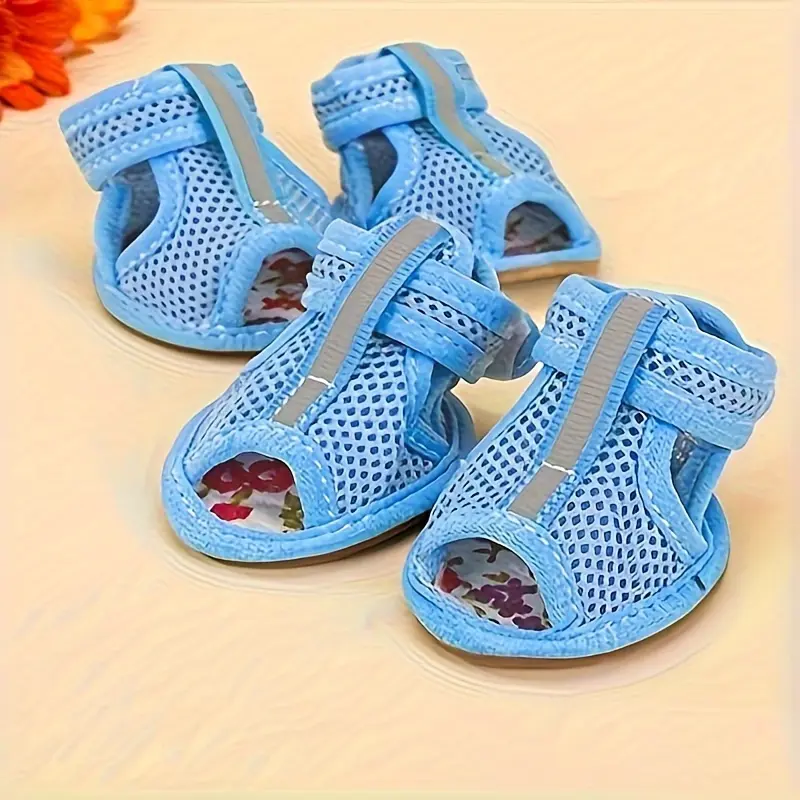 4PC Breathable Non-Slip Outdoor Dog Sandals - Puppy Shoes Small Breed Polyester Pet Shoes with Durable Cowhide Sole and Adjustable Hook and Loop Tape for Secure Fit