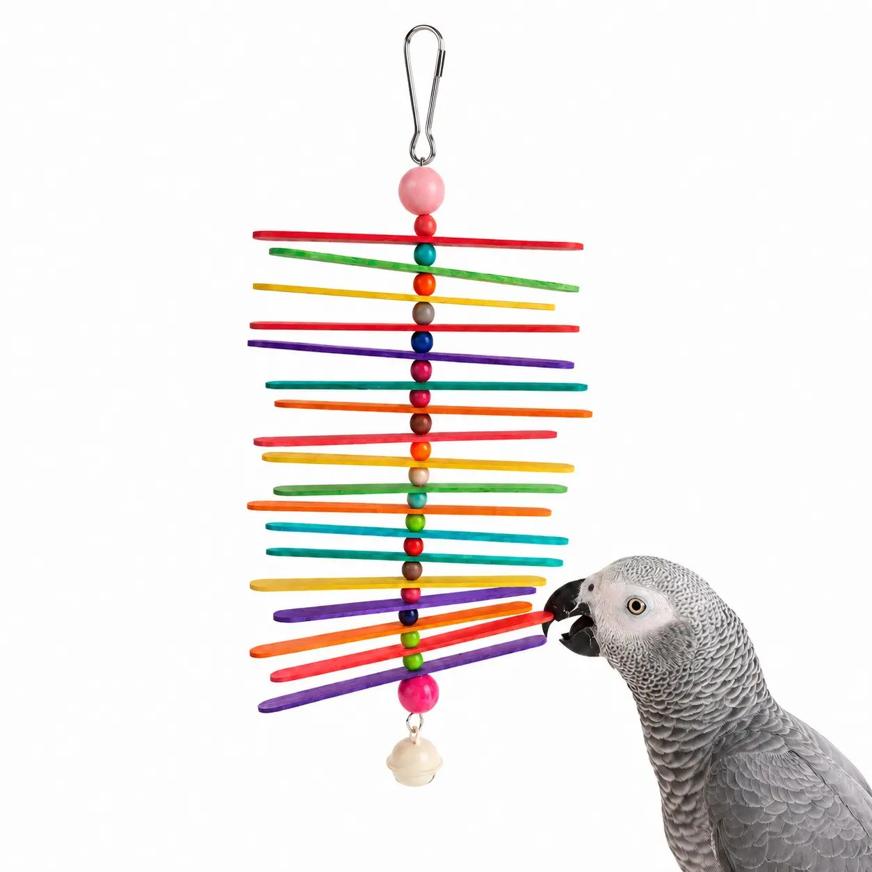 Colorful Hanging Parrot Chew Toy with Bell, Wooden Bird Cage Shredding & Enrichment Toy for Conures, Cockatiels, Budgies, Parakeets and Lovebirds,perch toy
