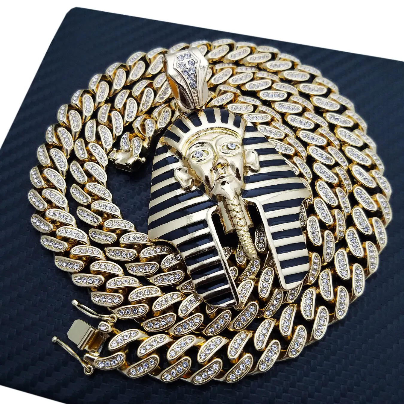 MaxBling81 Gold-Plated Egypt King Tut Pharaoh Motif Large Pendant Men's Necklace - 13mm Iced CZ Stones, Cuban Chain (18in,20in,24in,30in), Metal Coating, Men's Accessories, Casual Hip Hop Ancient Style Costume Jewelry