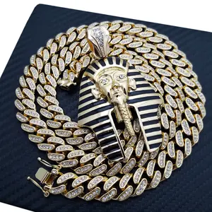 Egypt King Tut Pharaoh Gold Plated Large Pendant & 13mm 18" 20" 24" 30" Iced CZ Cuban Chain Hip Hop Style Necklace Jewelry - Metal Coating, Casual Style