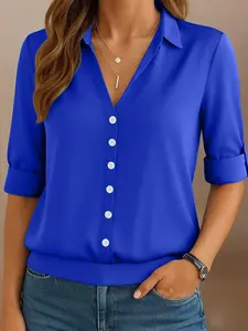 New Elegant Casual Plus Size Women's Solid Color Button Fashion Daily Roll Sleeve Shirt Blouse, Stylish Ladies' Clothing for Everyday Wear