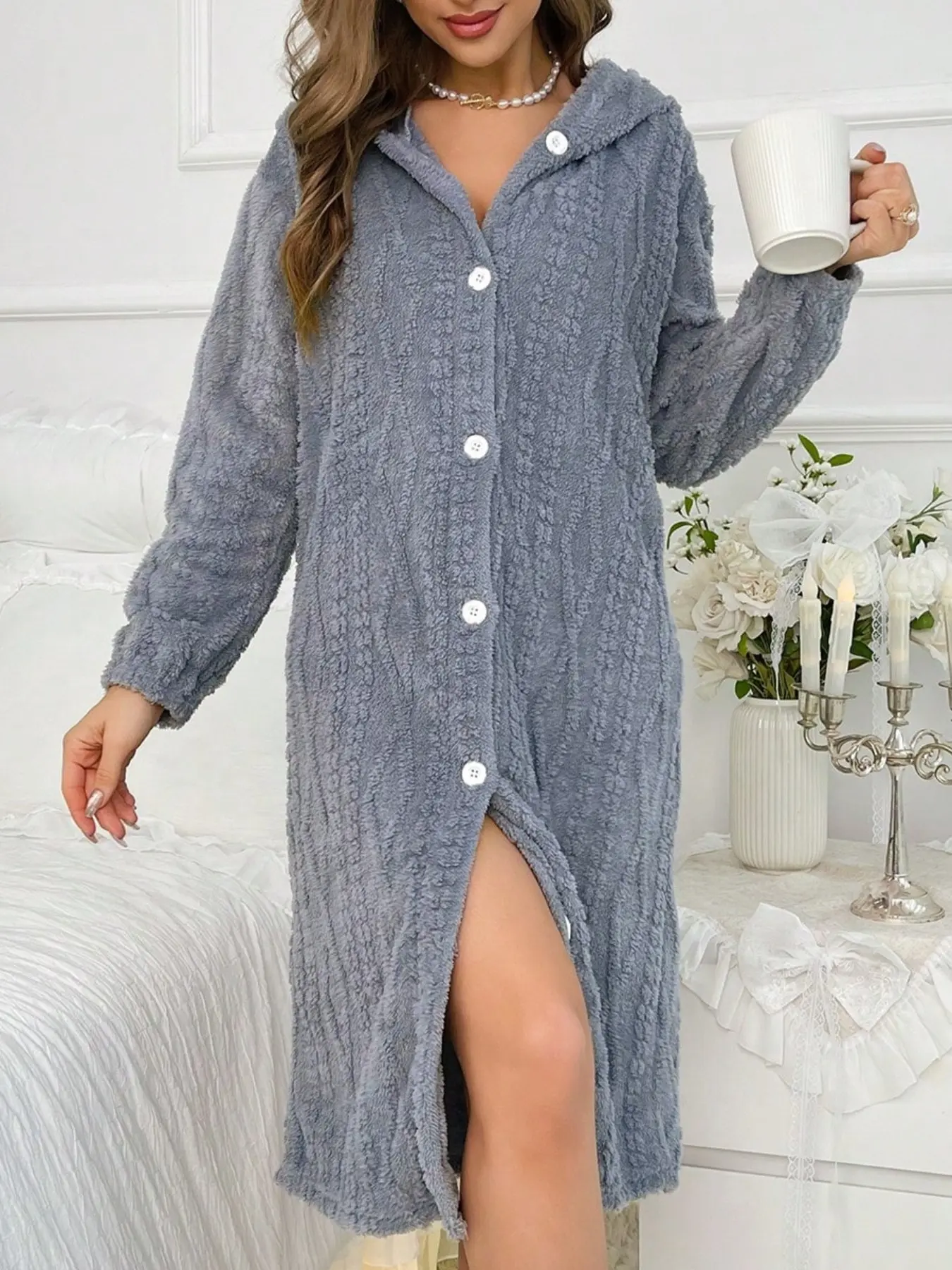 🔥The Warmest Women's Hooded Long Plush Robe, Gowns, Long Sleeve Soft Polyester-Spandex Pajamas, Nightwear, Comfortable Gray Winter Loungewear, Homewear, Womenswear, Perfect for Snuggling & Cold-Weather Fits on TikTok!