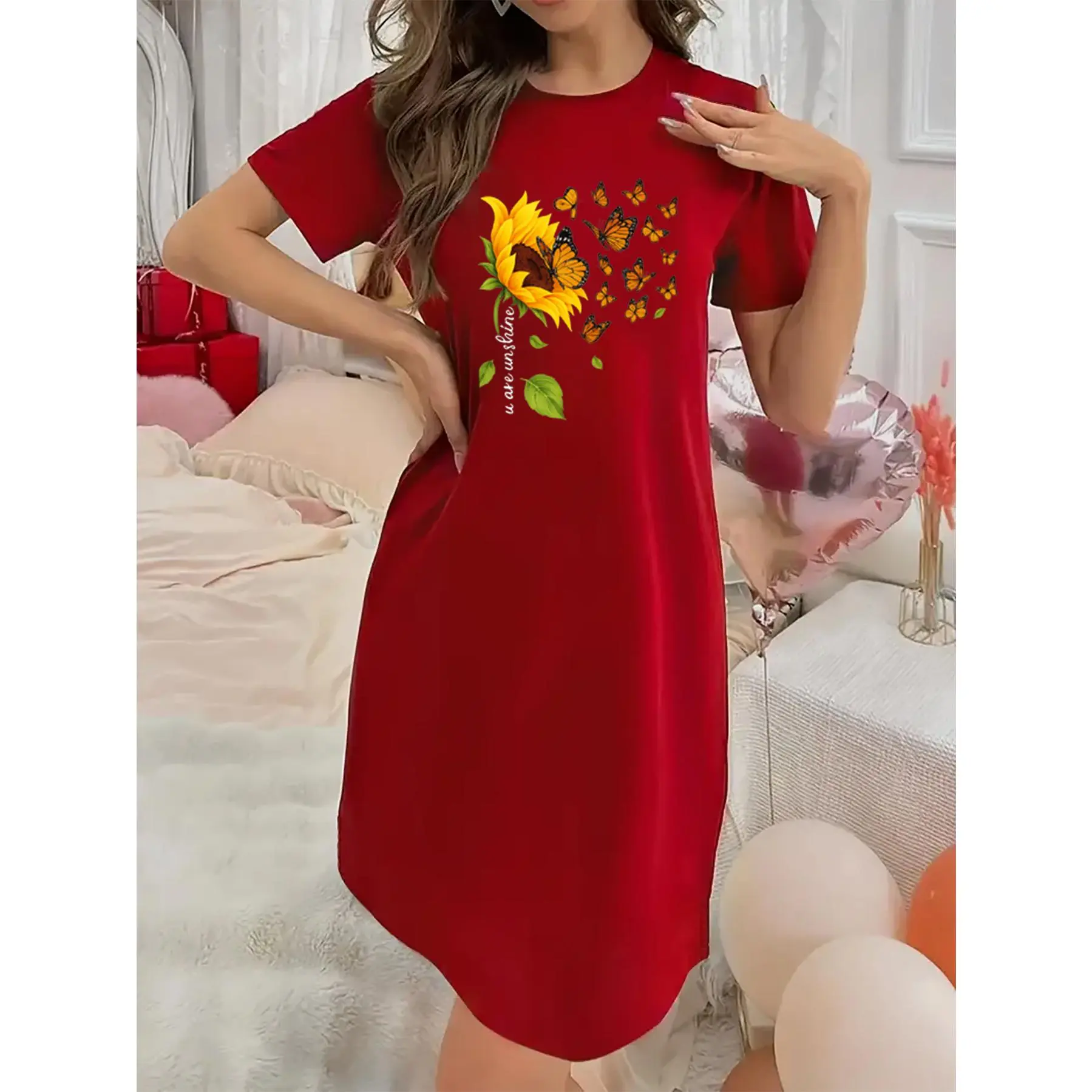 Soft Micro Stretch Women's Lingerie Butterfly And Sunflower Printed Short Sleeve Round Neck Nightgown Sexy Elegant Young Style Women's Valentine's Day Dress Mother's Day Christmas Thanksgiving New Year Gift Ideas