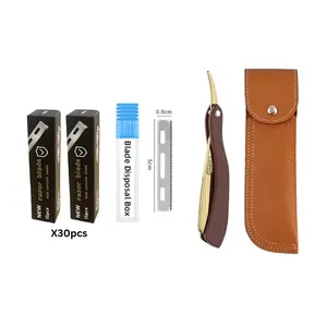Straight Razor for Men Wooden Handle Folding Razor Kit with 30 Replacement Blades Leather Case Blade Disposal Box Manual Shaving Razor Traditional