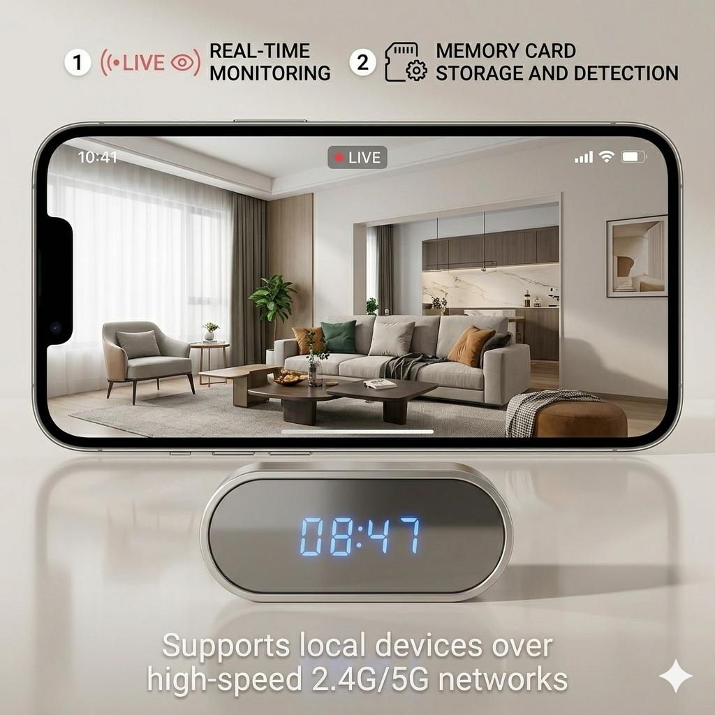 2)Smart Digital Clock Camera with Dual Band WiFi (5GHz & 2.4GHz) | Home Security & Remote Real-Time Monitoring System