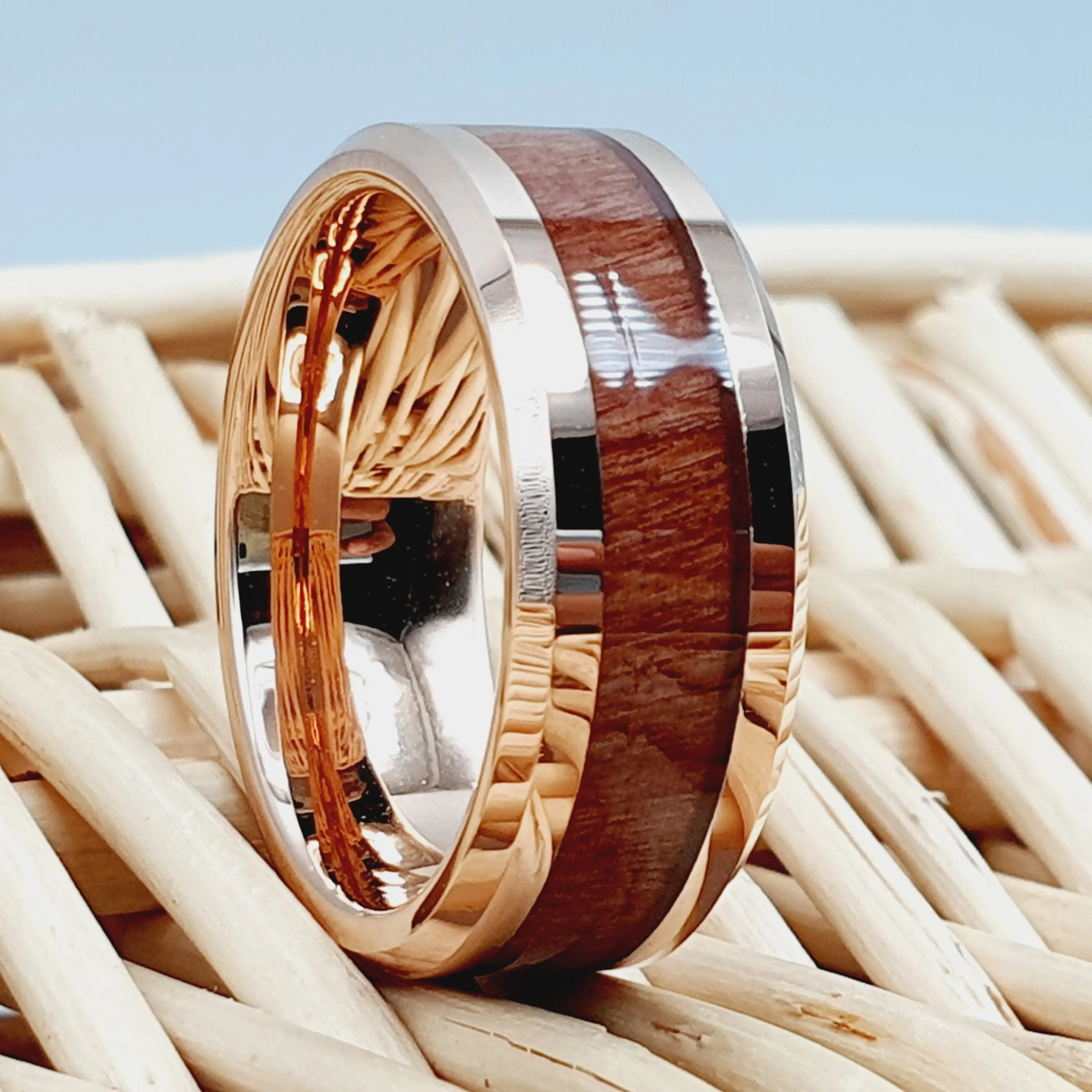 Personalized Hawaiian Koa Wood Inlay Rose Gold Ring - Custom Ring for Couples and Engagement