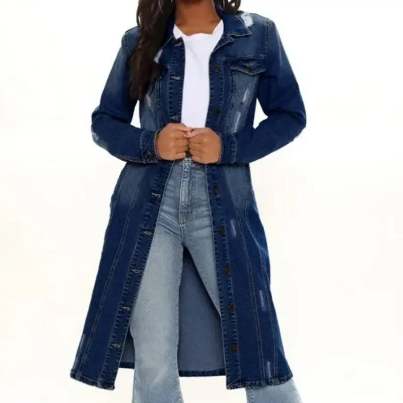 MW Women's Shiny Denim Collared Neck Trench Coat - Button-Down Long Sleeves Jacket, Midi Length, Jean-Style, Modern Chic Casual Womenswear Outerwear, Longsleeves