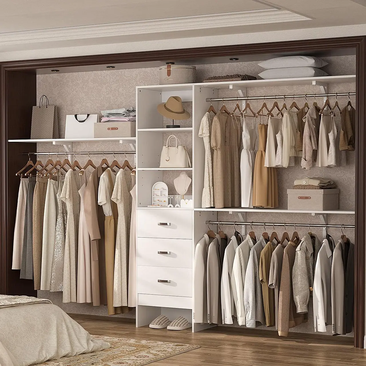 Armocity Closet System 120" W Lengthen Closet Organizer Adjustable with 3 Wood Drawers,3 Wardrobe Rack