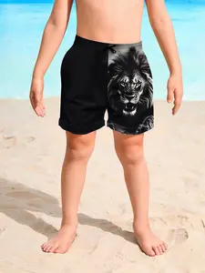 Boys' Colorful Dinosaur Print Quick-Dry Beach Shorts, Summer Casual Swim Trunks, Fitted Knee-Length Swimming Pants for Vacation