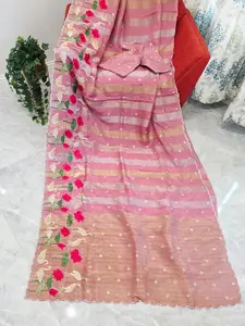 Vintage Blush Rose Soft Falling Tissue Stripes Designer Saree with Floral Border & Stitched Blouse