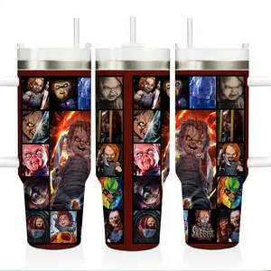 40oz Horror Movie Villains Insulated Tumbler with Handle and Straw, Chucky, Annabelle, and Friends Double Wall Vacuum Stainless Steel Travel Mug, Leak-Proof Thermal Cup Keeps Drinks Hot 12H Cold 24H, Halloween Gift for Fans, Office, Gym, Outdoor