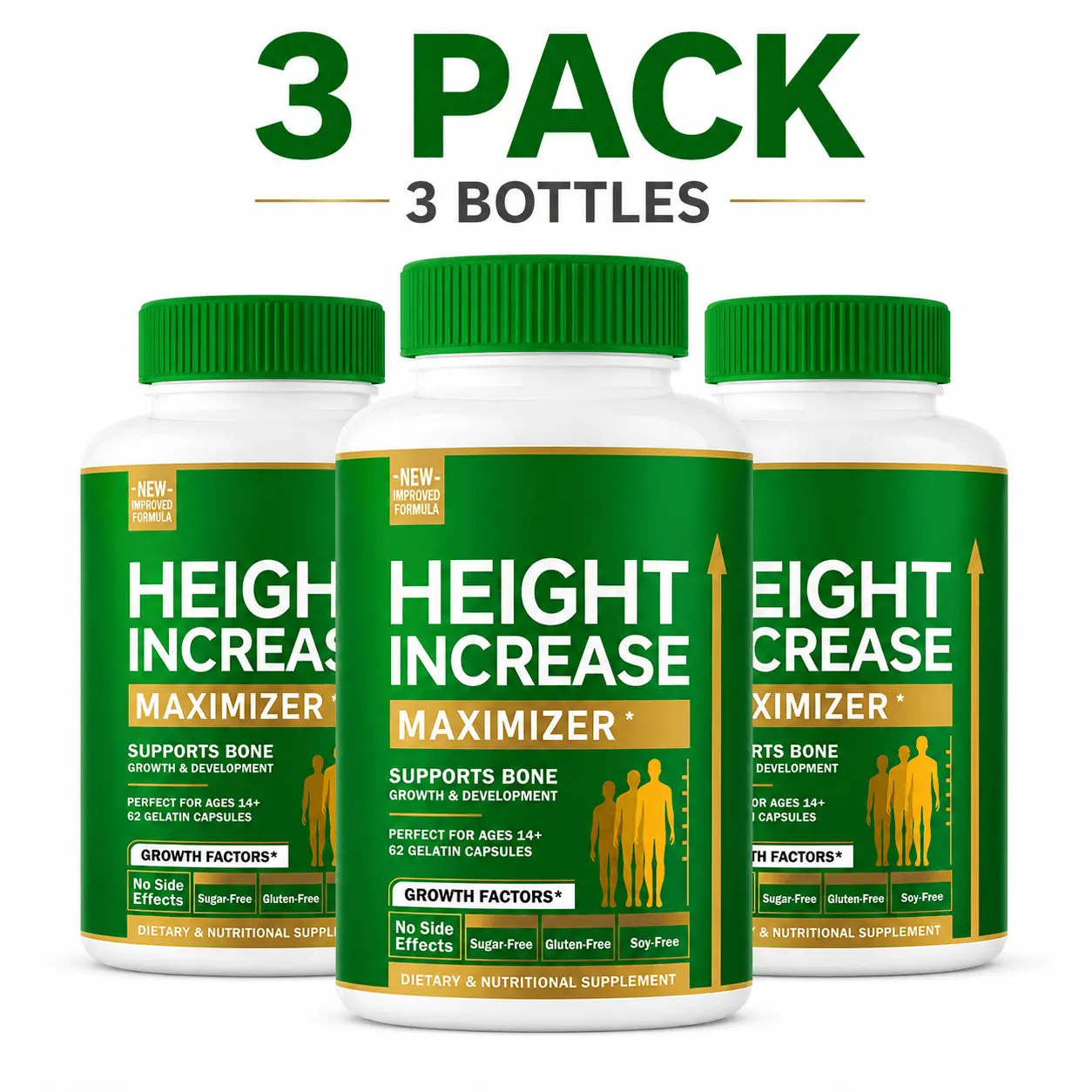 3 Bottles Growth Capsules to Grow Taller - Height Increase Maximizer with Calcium for Bone Strength -Natural Get Taller Supplement - Dietary Edible Healthcare Fitness