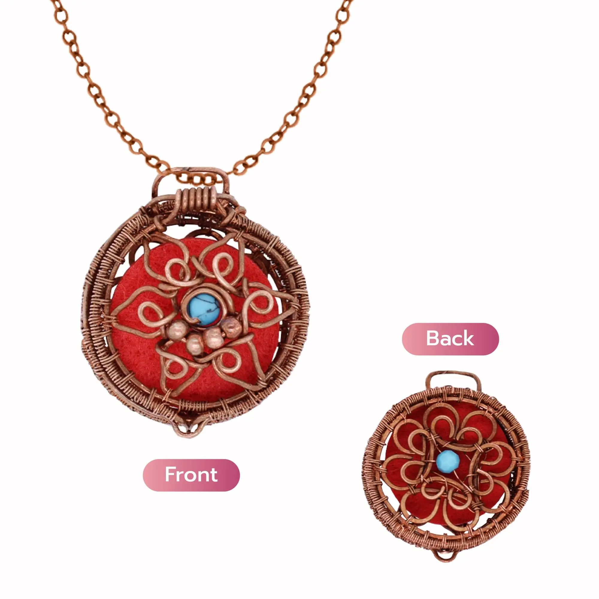 2 in 1 Handmade Scented Copper Pendant Necklace Wearable Essential oil Fragrance Scented Jewelry with Lava stone and Diffuser Pad Aromatherapy Pendant Perfume Necklace Scented Locket