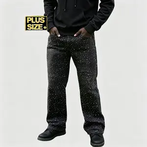 Men's High Cotton Y2K Plus Size Rhinestone Jeans, Retro Black Washed Slightly Flared Denim Pants with All-Over Starry Crystal Embellishment, Grunge Streetwear Party Trousers for Big & Tall Men