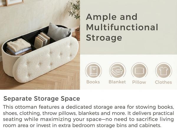 Folding Storage Ottoman Bench, Oval Round Ottoman End of Bed Foot Rest Bench Stool with Cushion, Storage Chest for Bedroom, Living Room, Entryway