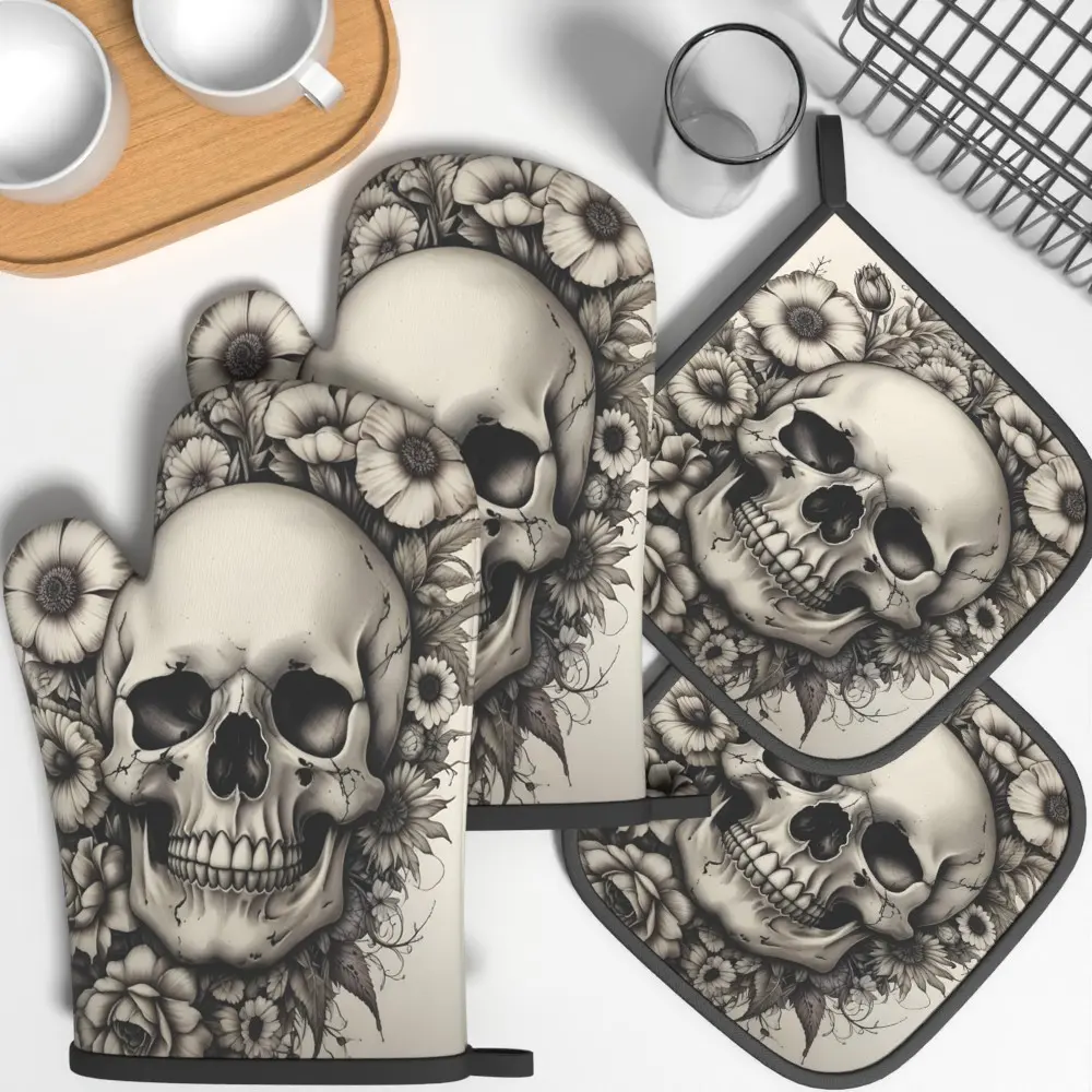 4pcs Oven Mitts And Pot Holders Vintage Halloween Skull and Floral Heat Resistant Oven Mitts And Pot Holders Sets Kitchenware Suitable For Cooking, Home Oven, Baking, Kitchen Decoration, Housewarming Gifts