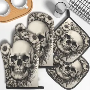 4pcs Oven Mitts And Pot Holders Vintage Skull and Floral Heat Resistant Oven Mitts And Pot Holders Sets Kitchenware Suitable For Cooking, Home Oven, Baking, Kitchen Decoration, Housewarming Gifts
