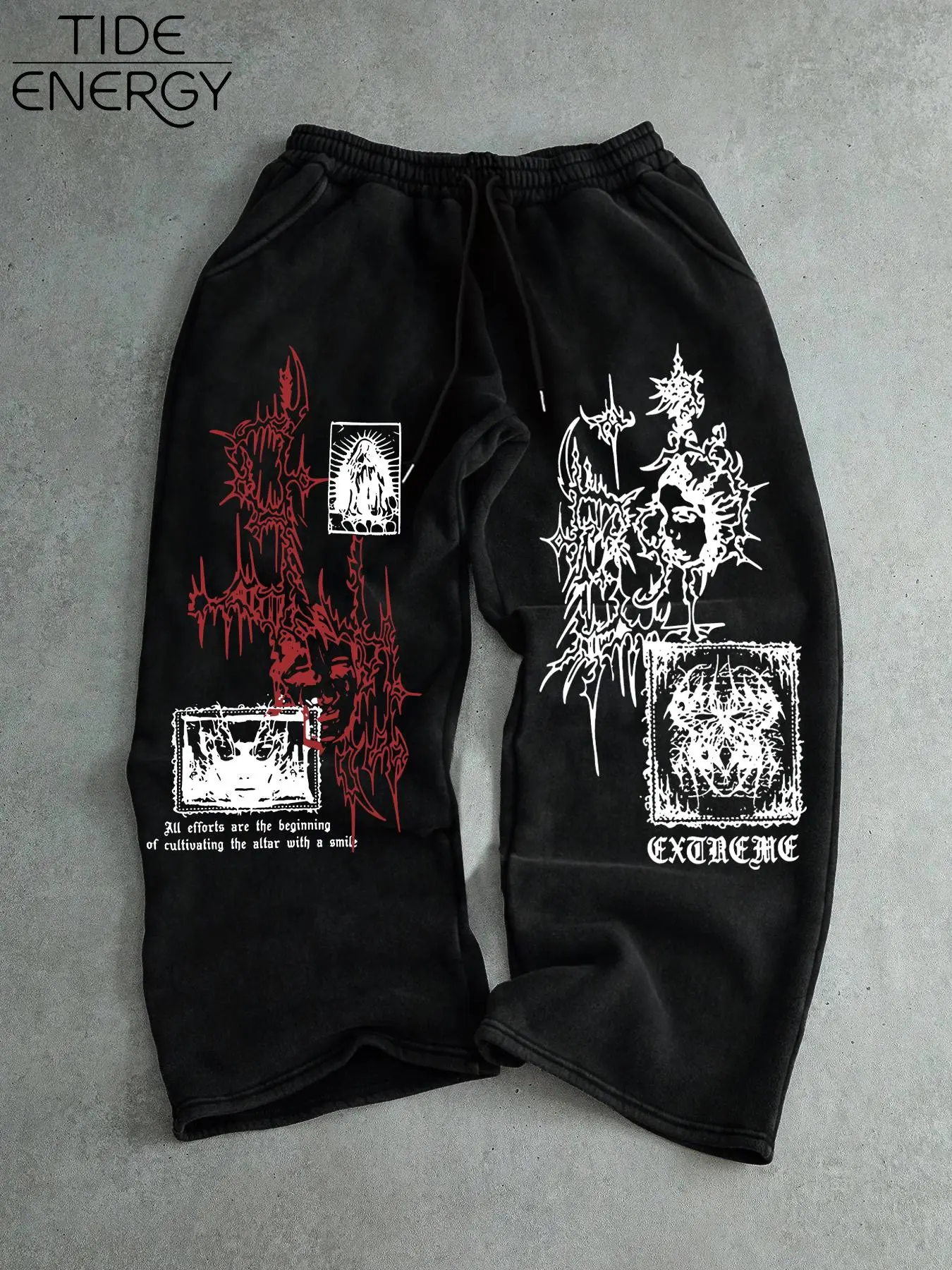 Men's Extreme Gothic Graphic Print Wide Leg Sweatpants, Metallic Y2K Streetwear Pants, Drawstring Waist for Music Festivals & Casual Wear