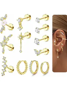 12 Sets Golden Stainless Steel Earrings, Round Disc Barbell Earrings with 4-Prong Zircon Coil