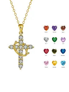 Birthstone Rotating Crown Cross Necklace, High-Quality Gemstone Pendant, Stainless Steel Chain, Casual Style, All Seasons Wear