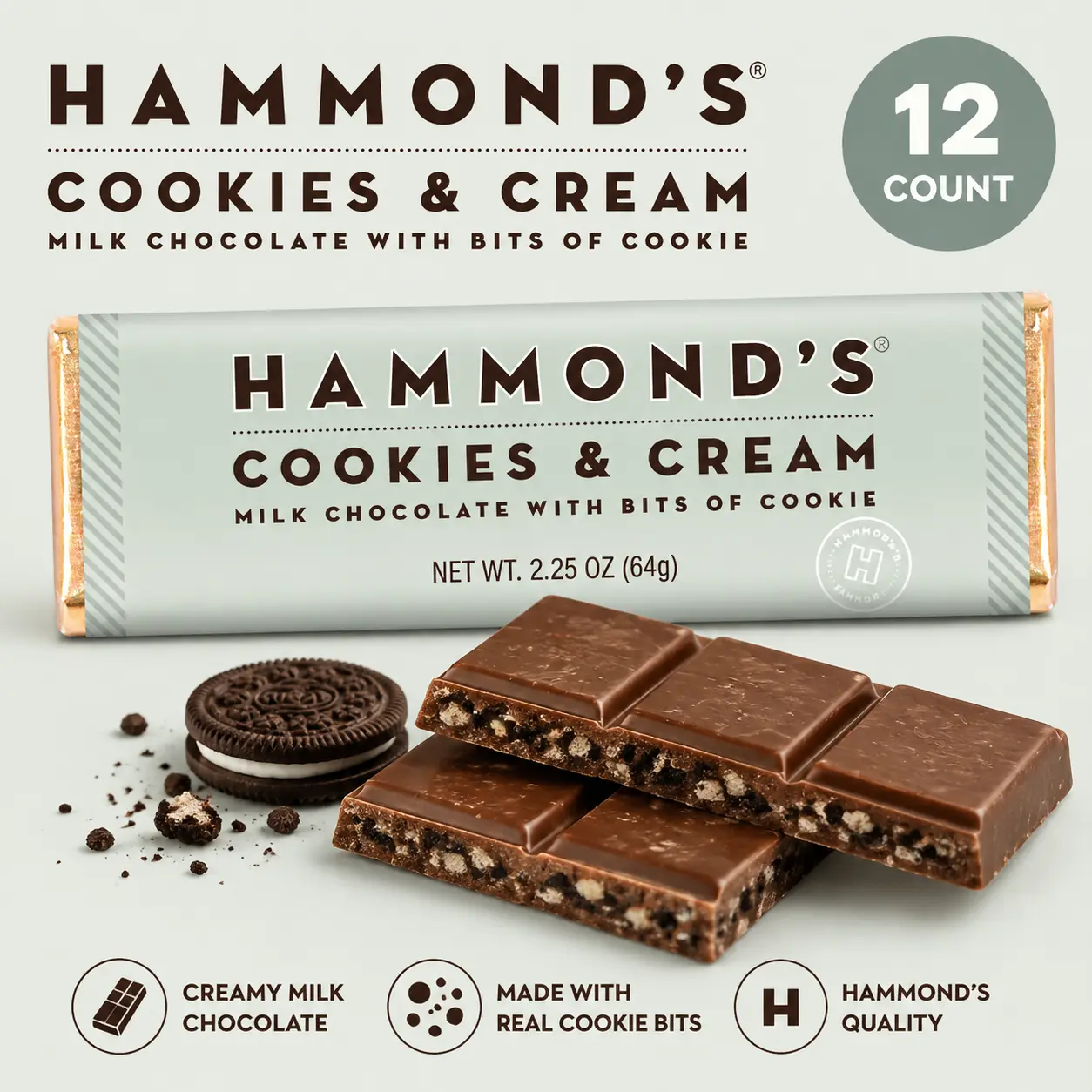 Hammonds Cookies and Cream Milk Chocolate Bars - 2.25oz, 12 Count, Chocolate Candy Bars with Cookie Bits