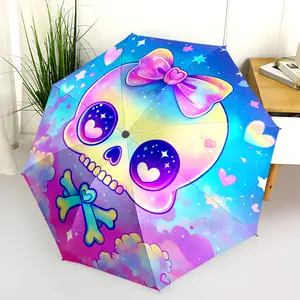 1 PC Automatic Folding Umbrella - Pastel Goth Skull with Bow Pattern, Portable & Foldable Design with 8 Ribs, Merry Christmas Pattern,Casual Outdoor Accessory Halloween and Christmas Birthday Gifts. C0083
