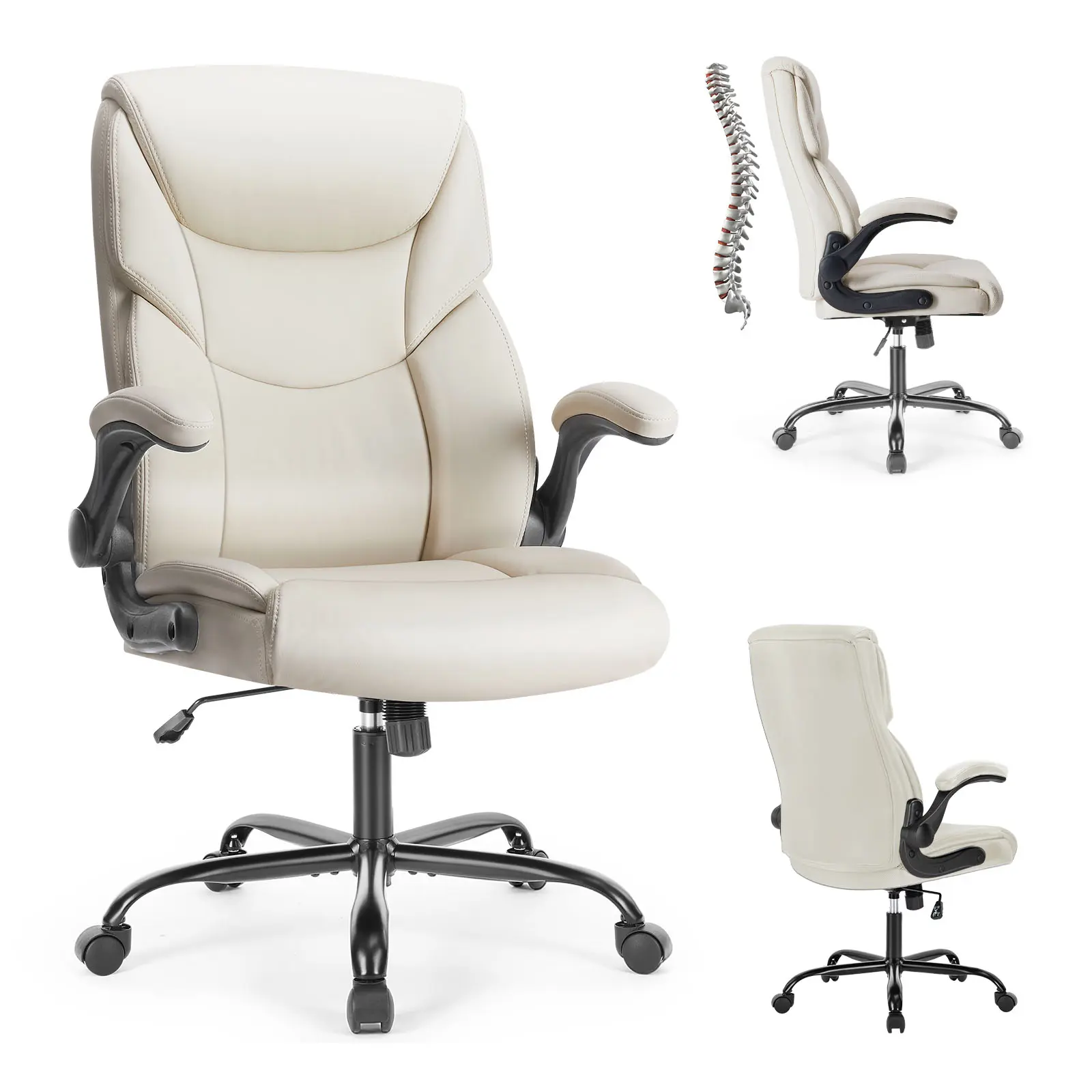 PU Leather Ergonomic Support Armchair with Flip-Up Armrests, Lumbar Support for Home & Executive Desk Long-Hour Working, Ergonomic Support Armchairs
