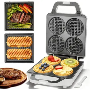 2 in 1 Mini Waffle Maker with Removable Plates,  Press Sandwich Maker, Sandwich Press, Waflera Electrica, Sandwichera Electrica, 4 X 4 Inch Classic Waffle Maker for , White