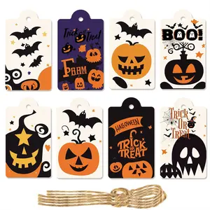 【Hot Selling】80/160 Halloween Tags with Strings, Cute Ghosts Pumpkins Devils Bat Candy Bag Designs, Party Gift Wrapping Decorations Hanging Labels