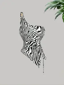 Women's Zebra Stripe Print One Shoulder Top, Casual Sleeveless Top for Summer, Ladies Clothes for Daily Wear