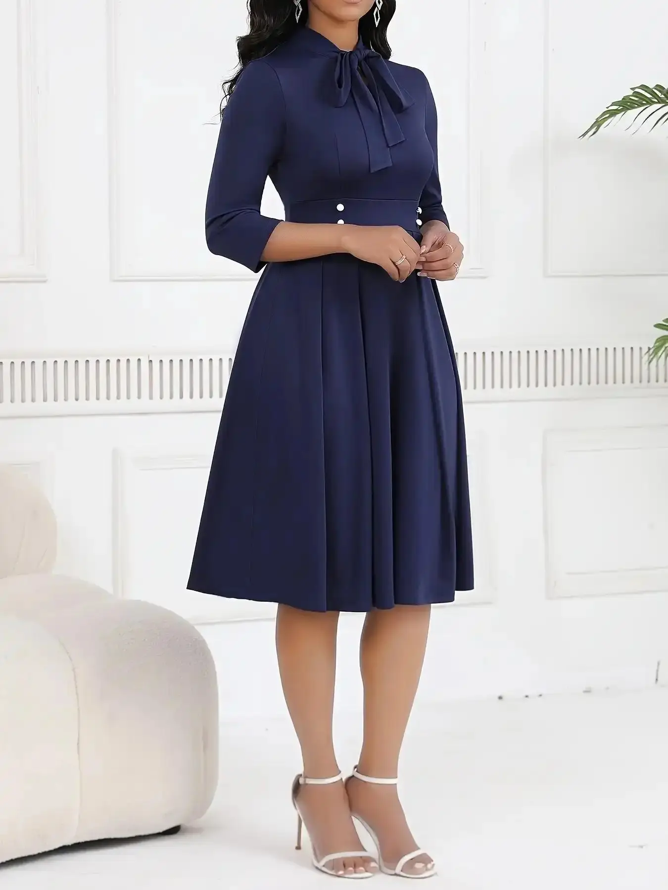 Trendy Belted Waist A-Line Solid Fitted Fabric Dress, Elegant Formal Modest Office Wear, Suitable for Church, Wedding, Business Meetings, Daily Slimming and Concealing, elegant silhouette, timeless appeal, graceful flow