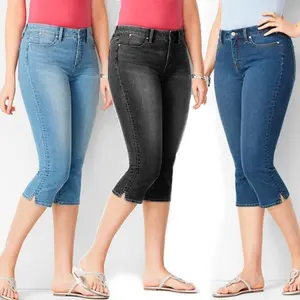 Women'S Plus-Size Elastic Waist High-Stretch Capri Pants Bottoms Jeans