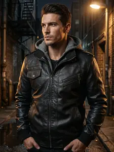 Men's Detachable Hooded PU Leather Jacket, Street Style Motorcycle Coat, Windproof Fall Winter Outerwear, Tough Cool Design