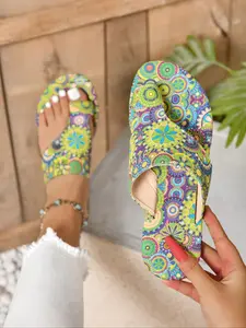 Women's Fashionable Print Slides, Thong Sandals, Casual Comfortable Flat Slippers for Summer, Lightweight Breathable Slippers for Indoor & Outdoor Wear, Beach Slippers